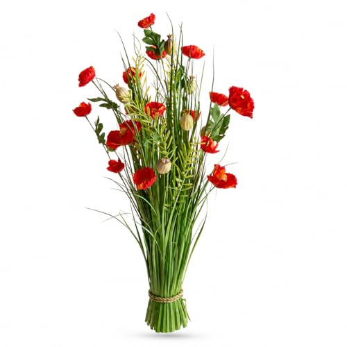 Bianchi Dino Bouquet Artificiale di Papaveri Rossi con Erba Verde, Fiori Finti, H70cm, Decorazione per Interni