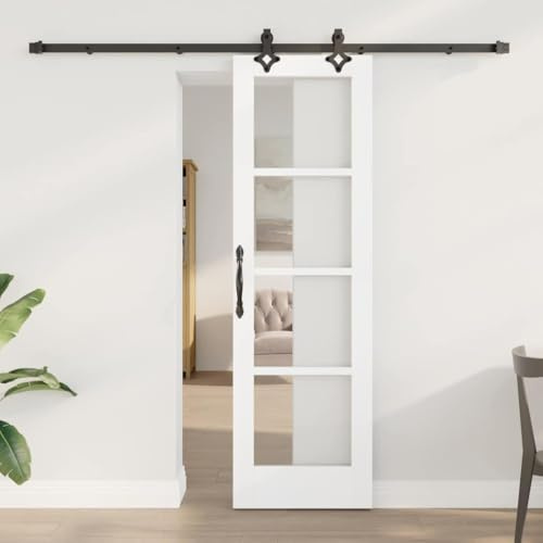 Tonture Porta scorrevole bianca in legno massello di pino e vetro, 61 x 198,5 cm, con binario scorrevole e fermaporta, per interni, salvaspazio e scorrevole silenzioso