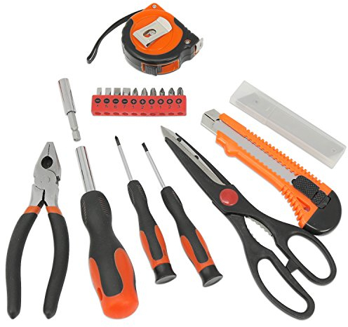 com-four® 19-teiliges Werkzeug Set für Heimwerker mit Steck-Schraubendreher, Verschiedene Bits, Maßband, Zange, Cutter-Messer und Schere (19-teilig - Werkzeugset mit Schere)