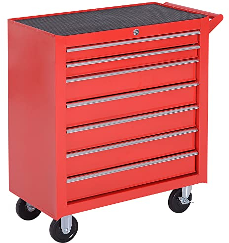 DURHAND Carro de Herramientas con 7 Cajones Caja Taller Cerradura Tipo Mueble de Almacenamiento para Taller Garaje y Hogar Chapa de Acero Ruedas 69x33x75cm Rojo