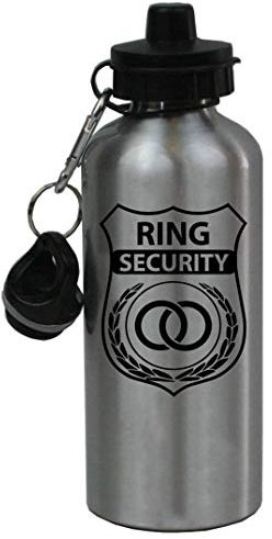 CustomGiftsNow Ring Security – Borraccia sportiva in alluminio argentato, 600 ml, 2 coperchi, Nero
