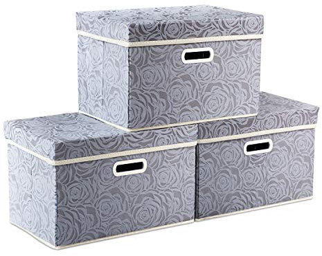 PRANDOM Aufbewahrungsbox mit Deckel,Rosenmuster Stoff Aufbewahrungskörbe,Dekorative Stapelboxen,Würfel,Faltbare Organizer,Behälter,Grau(3 Stück) 38x25x25cm,Schlafzimme,Schrank