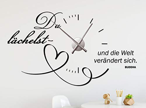 timalo® Wandtattoo mit Uhrwerk Wanduhr fürs Wohnzimmer DIY Uhr zum Aufkleben – Buddha Du lächelst... | 76060-Schwarz-G-120x70-Uhr-silber