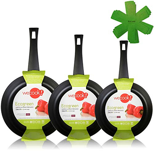 WECOOK Ecogreen Set Juego 3 Sartenes 18-22-26 cm Aluminio, inducción, Antiadherente ecológico sin PFOA, Limpieza lavavajillas Apta para Todas Las cocinas, vitroceramica, Gas, Negro, 18-22-26