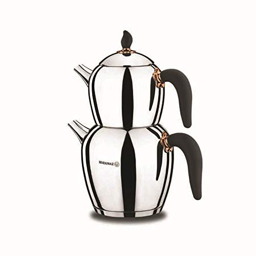 Korkmaz Sehnaz A214 – Théière turque pour cuisinière, double théière en acier inoxydable 18/10 avec poignées en bakalite, bouilloire de style samovar avec 1100 ml et 2300 ml
