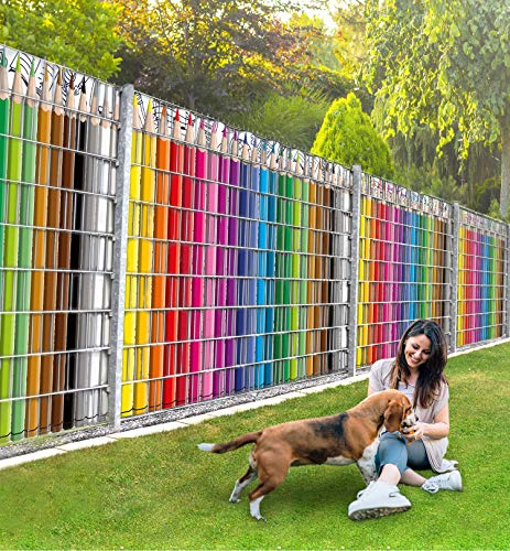 MyMaxxi Infinity Zaunsichtschutz | Stifte Motiv 9 Streifen | Sichtschutzstreifen für Doppelstabmattenzaun | Windschutz Sonnenschutz Blickdicht | Sichtschutz Garten | Plane Sichtschutz