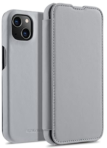STILGUT Book Case kompatibel mit iPhone 13 mini (5.4“) Hülle aus Leder zum Klappen, Klapphülle, Handyhülle, Lederhülle - Grau Nappa