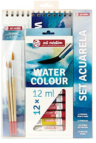 Talens Art Creation Aquarell-Set, 12 Tuben 12 ml, Papierblock A4, Pinsel, Schritt-für-Schritt-Handbuch