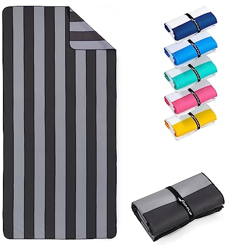Fit-Flip Strandtuch XXL - Mikrofaser Badetuch - Strandtücher leicht und schnelltrocknend - 100% recyceltes Mikrofaser Handtuch - Strandhandtuch zum Baden (Grau-Dunkelgrau gestreift 160x90cm)