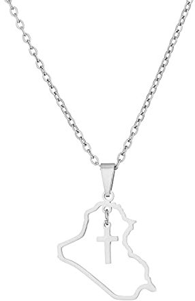 Getsona Kreuz Irak Karte Anhänger Halsketten - Republik Ethnische Hip Hop Karten Flagge Charm Anhänger Halskette Für Frauen Männer Schlüsselbeinkette Pullover Dünne Kette Schmuck Party Geschenk,Kreuz