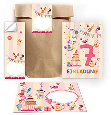 Junapack 12 Einladungskarten zum 7. Kindergeburtstag Einladung zum siebten Geburtstag Mädchen Vögelchen incl. 12 Umschläge, 12 Tüten/Natur, 12 Aufkleber