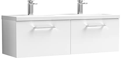 nuie ARN122F Arno Modern Bathroom Wall Hung 2 Drawer Double Vanity Unit with Twin Ceramic Basin, 1200mm, Gloss White
