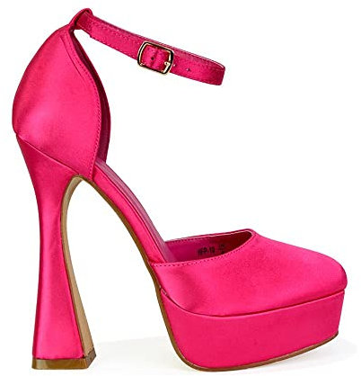 Womens Platform High Heel Shoes Ladies Ankle Strap Square Toe Satin Courts Party Evening Shoes