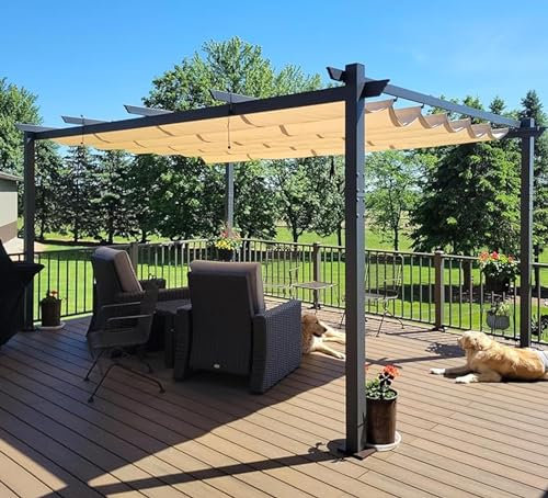 PURPLE LEAF Pergola Aluminium 4,8 x 3,5 m Tissu Teint en Fil, Pergolas pour Terrasse Extérieur, Pergola Jardin Extérieur Toit Coulissante, Pavillon de Jardin, Kaki