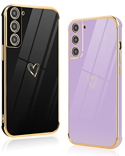 Vauki [2 Packs Coque pour Samsung Galaxy S21 5G, Silicone Antichoc Housse, Étui avec Motif Coeur et Bordure Dorée pour Samsung S21 5G 6.2, Noir et Violet