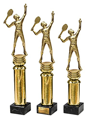 eberin · Tennis Pokal · Tennissport · Matchball · Tennisschläger · Tennisspieler auf Goldsäule/Marmor schwarz · Auszeichnung · Pokal · in 3 Größen erhältlich · mit oder ohne Gravur · (Größe: 34cm)