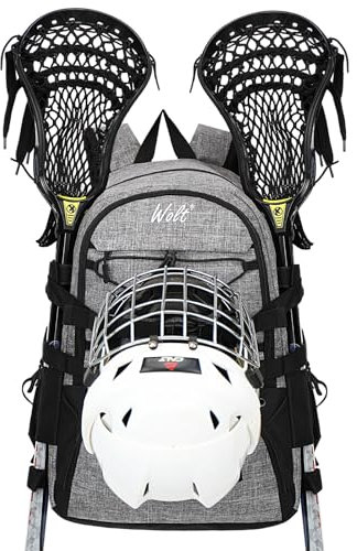 WOLT | Turf Lacrosse Rucksack Tasche - Lacrosse Taschen - Extra große Lacrosse Tasche mit zwei Stöckelhalter und separatem Stollenfach Feldhockeytasche (grau)