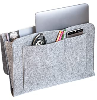 GRANA HOME CADDY – Filz Bett- & Organizer - Aufbewahrungstasche für Laptop, Tablet, Bücher, Fernbedienung & mehr - Hängeorganizer für Couch & Bett (Hellgrau)