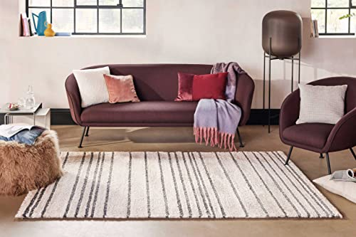 Moderner und gemütlicher Esprit Hochflor-Teppich mit Streifenmuster für Wohnzimmer, Schlafzimmer und Kinderzimmer - Gesa (80 x 150 cm, Creme weiß)