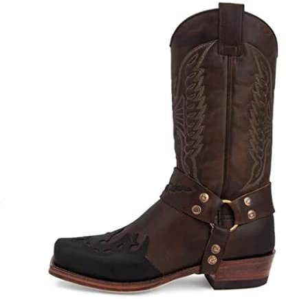 GATURA Stivali da Uomo e Donna Medievale Vintage Mid Calf - Punta Quadrata Tacco Chunky in Faux PU Pelle - Western Cowboy Cavaliere Lunghi, 35-48, Marrone, 46