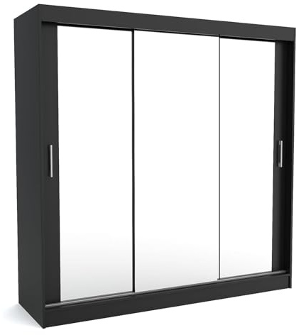 Brent - Kleiderschrank mit Schiebetüren Windsor David I 200x200x60 cm I mit Spiegel, Stangen und Einlegeböden für Kleidung I Laminierte Spanplatte I Aluminiumschienen I Schwarz