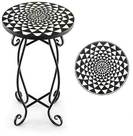 HOMASIS 30x30x50cm Gartentisch Beistelltisch mit Mosaik-Muster, Pflanzenständer mit runder Tischplatte aus Metall & Fliesen, Stabiler Balkontisch für Garten, Balkon & Wohnzimmer (Schwarz+Weiß)