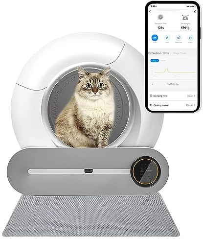 Oiyekntd Self Cleaning Cat Litter Box, Automatic Cat Litter Tray with Mat & Liners, APP Control and Health Monitoring, No Stuck Cat, 9L Waste Bin, Dual Sensor Automatic Cat Toilet
