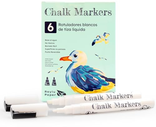 RAYLU PAPER – Rotuladores de Tiza Líquida, Rotuladores para Cristal Borrables con Punta Reversible 3mm y 6mm, Rotulador de Tiza para Pizarra Negra y Blanca, Escaparates y Manualidades (6 Blancos)