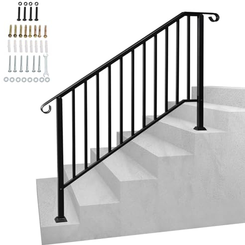 Adjustable Handrail Fits 4 to 5 Steps, Matte Black Wrought Iron Rail with Installation Kit, Outdoor Stair Railing