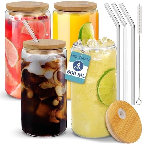 HEFTMAN Glass Cups with Lids and Straws - 4 Pack Empty 600ml Can Shaped Glasses with Airtight Bamboo Lids, Glass Straws & Straw Cleaning Brush - Iced Coffee Glass for Smoothies, Beer, Parties, BBQ