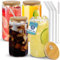HEFTMAN Glass Cups with Lids and Straws - 4 Pack Empty 600ml Can Shaped Glasses with Airtight Bamboo Lids, Glass Straws & Straw Cleaning Brush - Iced Coffee Glass for Smoothies, Beer, Parties, BBQ