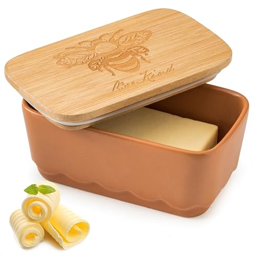 YHOJOY Butterdose mit Deckel, luftdichte Butterdose mit Holzdeckel für Arbeitsplatte, Keramik-Butterhalterbehälter für Ost-Westküsten-Butteraufbewahrung, Honigbienen-Dekor, Braun