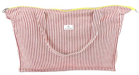 MY WANDER | Bolsa de Playa XXL con Cremallera | Bolso Tamaño Familiar 50L | 78x41x23cm | Plegable y Sostenible | Bolso Impermeable | Rayas Rojo