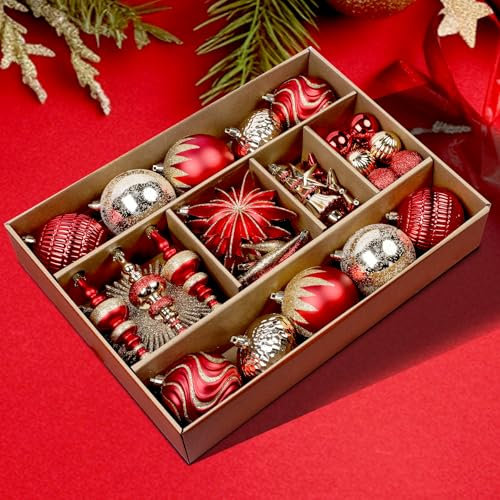 Shareconn Bolas arbol de Navidad, 80 Unidades, 4-12,5 cm, Bolas Doradas de plástico irrompible para Adornos para árboles de Navidad, Decoraciones para Fiestas, con cordón para Colgar, Oro Rojo