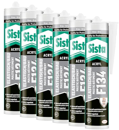 Sista F134 Elastisch/Bau, elastischer Acrylat-Dichtstoff für stark dehnungsbeanspruchte Anschlussfugen im Hochbau und an Wärmedämm-Verbundsystemen, grau, 6x 300ml