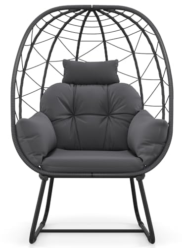 LIFEZEAL Rattansessel Outdoor, Loungesessel mit abnehmbarem Kissen, Korbsessel Eierstuhl mit Metallständer, Gartensessel Rattan für Balkon, Veranda, Terrasse (Grau)