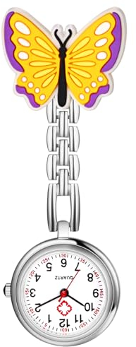 Silverora Taschenuhren Schwesternuhren Krankenschwestern Uhren: Leicht Ablesbare Analoge Quarz Krankenschwesternuhr Schmetterling Dekorative Fob Uhr mit Stethoskop Clip für Ärzte Schwestern gelb lila