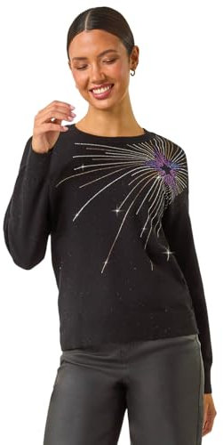 Roman Originals Women Diamante Embellished Jumper Ladies Sparkly Sequin Sweater Batwing Autumn Winter Knit Knitwear Glittery Shiny Casual Evening Going Out Party - Noir Purple - Size 12