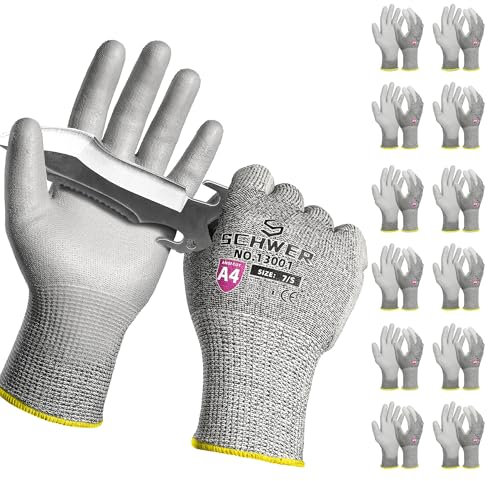 Schwer 12 Pares de Guantes de Trabajo Anti-Corte Nivel 4/D con Revestimiento PU - Antideslizantes y Duraderos para Manipulación de Metal, Carpintería y Construcción,S