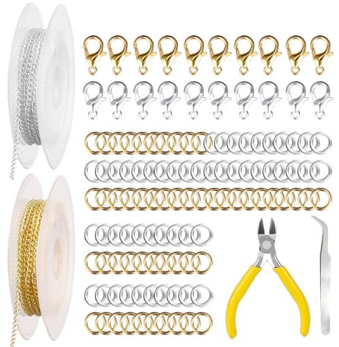 Bubuyun 2 STK 5m Schmuckkette Gliederkette Meterware Schmuckherstellung Kit Silber Gelb Schmuck machen Kette dünn Jewelry Link Chain mit 40 Karabinerverschluss und 100 Biegeringe für DIY Halskette