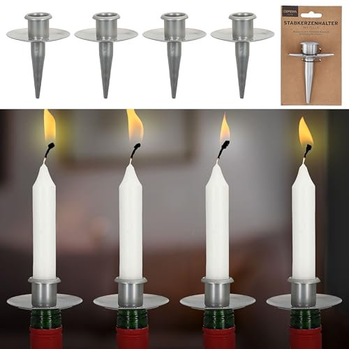 Stabkerzenhalter Tülle für Flaschen 4er Set | 6x10cm Silber Eisen | Kerzenhalteraufsatz für Stabkerzen bis ca. Ø2,5cm (1 x 4er Set Stabkerzenhalter Silber)