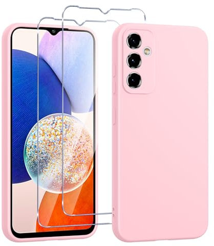 Viojrlra Coque Silicone pour Samsung Galaxy A14 5G avec 2 Pièces Verre Trempé, Protection Complète du Corps au Toucher Soyeux, Housse Etui de Protection en TPU Souple, Antichoc Anti-Rayures, Rose