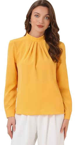 Allegra K Chiffon Blouse for Women's Long Sleeve Formal Tops Work Stand Collar Shirt Yellow XL