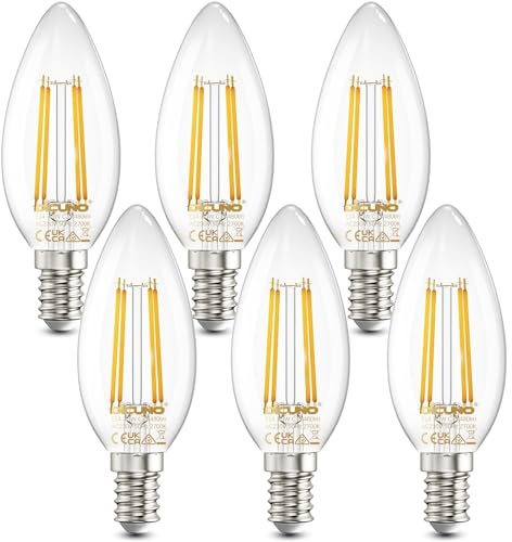 DiCUNO E14 Kerze LED Lampe für Kronleuchter, 4W, 480lm, 2700K, 6er Pack | LED Filament C35, Ersetzt 40W Glühfaden, Warmweiß, E14 B Lampe in Kerzenform, klarglas, nicht dimmbar, 230V AC