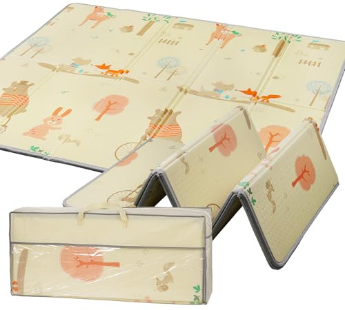 Spielmatte Baby, 180 × 200 cm, Krabbelmatte Baby Faltbar, Wasserdicht, Mit Aufbewahrungstasche, Spielteppich Schaumstoff Kinderteppich, Krabbeldecke für Baby Innen Außen, 1 cm Dick, Blau und Beige