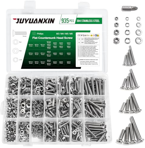 935 Stk M3 M4 M5 M6 Schrauben Set, Edelstahl Senkkopfschrauben Muttern Set, Flachkopfschrauben Kreuzschlitzschrauben mit Muttern Unterlegscheiben Sets, Gewindeschrauben Maschinenschrauben Sortiment
