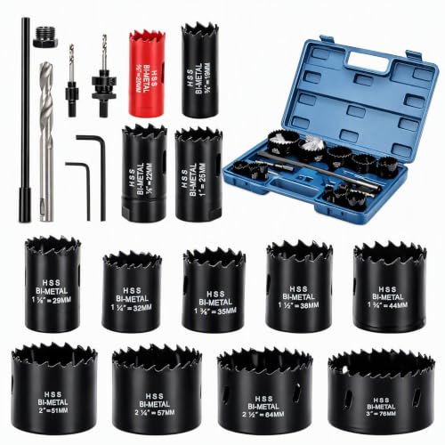 Coffret Scie Cloche Bi‑métal 20 PCS Ø19–76 mm | Kit de Scies Trépan HSS avec Arbres, Forets et Accessoires, Découpe Bois, Métal, PVC, Placo, Fibre de Verre