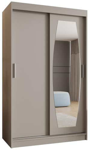 Kryspol - Kleiderschrank mit Spiegel - Schwebetürenschrank - Kleiderschrank 120 cm Breit x 200cm(H) x 62cm(T), 2 Türen, Laminierte Möbelplatte, Schiebetürenschrank Rossa 120, Farbe Kaschmir