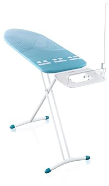 Leifheit Bügelbrett Air Board Express L MAXX, Fläche bis 130 x 45cm, leicht | Ultraleichte Spezial-Kunststofffläche, für Dampfstationen, höhenverstellbar 76-100 cm, Ablage, Kabelhalter, weiß/blau