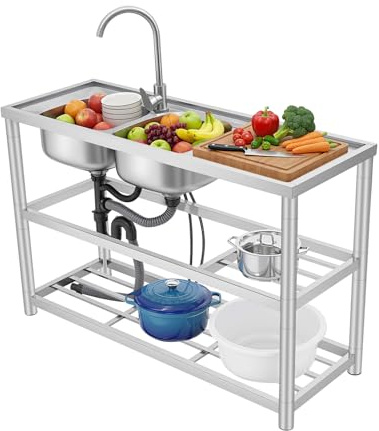 120 x 45 x 80 cm, fregadero de acero inoxidable, fregadero de cocina independiente, fregadero comercial, mesa de trabajo profunda, fregadero con tubo de drenaje, colador y pies ajustables para el